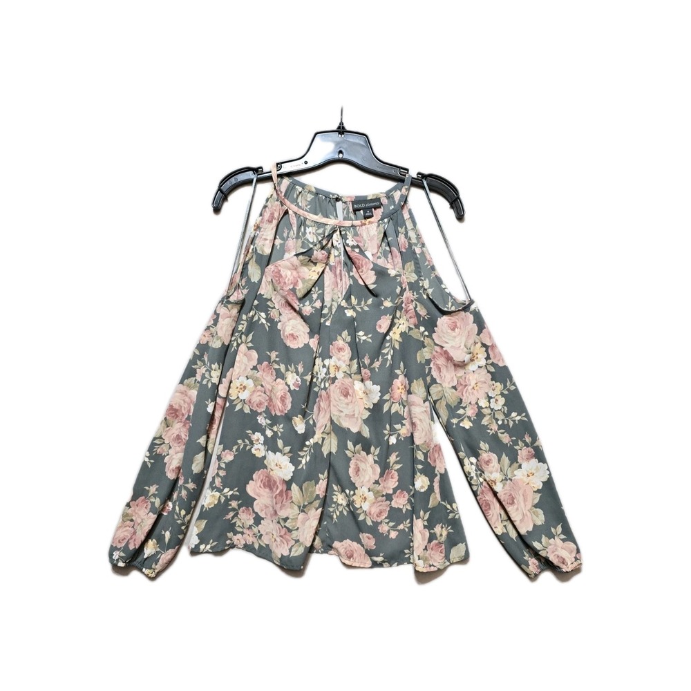 Bold Elements Women's Open Shoulders Blouse M Long Sleeves Gray Floral Roses